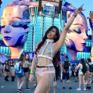 ❌SOLD❌ Strappy metallic sparkle pink rave shorts